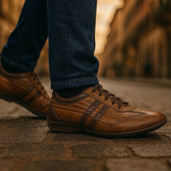 Mezlan Mens Sneakers 8.5 Brown Leather Retro Stripe Low Top Casual Lace Up Spain